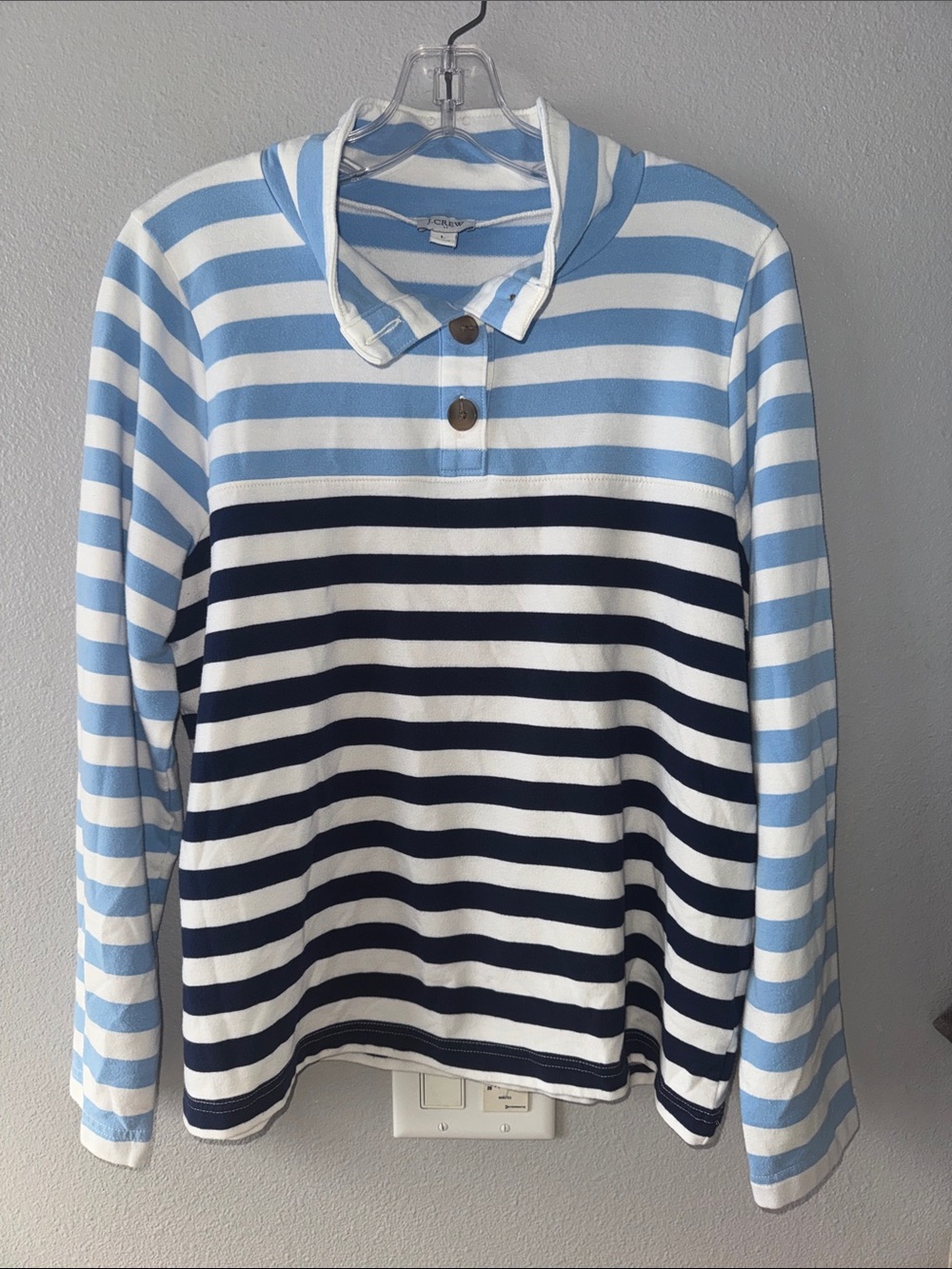 J Crew-Striped Hooded Long-Sleeve Top - Light Blue & Navy - SZ L